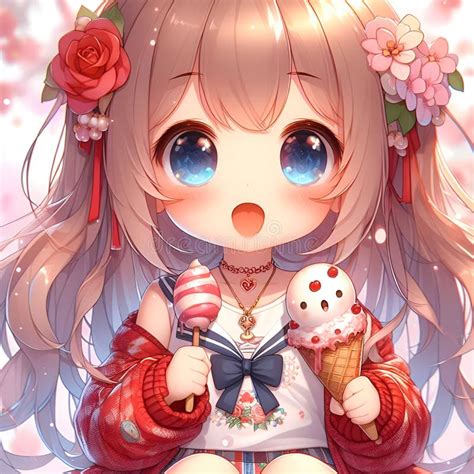 A Cute Chibi Anime Girl with Ice Cream, in Cute Expression, Adorable, Fantasy, Wallpaper Stock ...