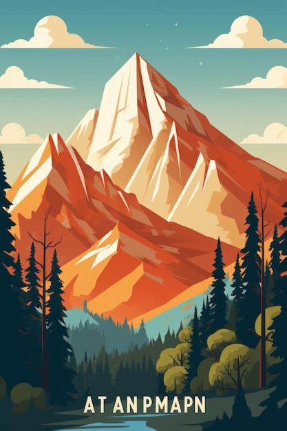 Premium Photo | Mid century design of stylized mountain with aspen trees 1950s color palette ...