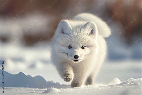 Baby Arctic fox (Vulpes Lagopus) in snow habitat, winter landscape ...