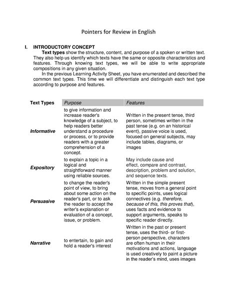 Pointers for Review in English - INTRODUCTORY CONCEPT Text types show the structure, content ...