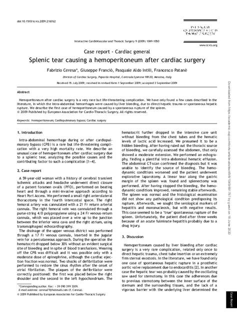 (PDF) Splenic tear causing a hemoperitoneum after cardiac surgery | Fabrizio Ceresa - Academia.edu