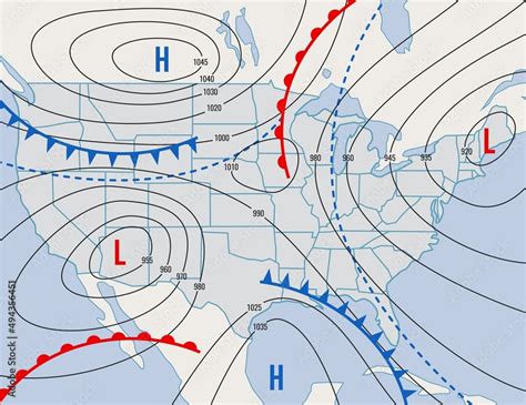 Vecteur Stock Forecast weather isobar map of USA states, meteorology wind fronts and temperature ...