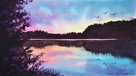 EASY Pond Sunset /using ONLY 3 Colors! Real-Time Watercolor Tutorial - YouTube | Watercolor ...