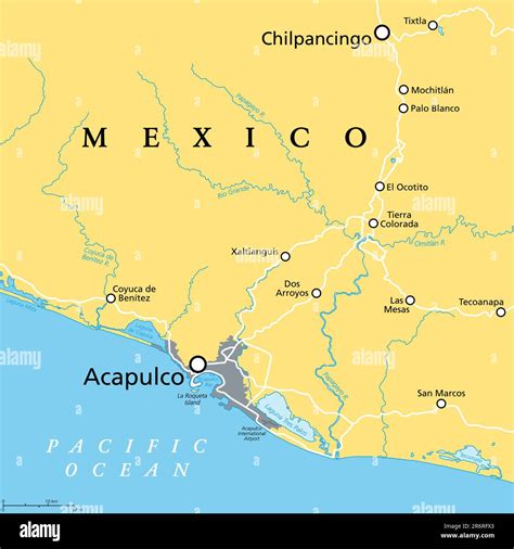 Acapulco and surroundings, political map. Acapulco de Juarez, city and major port of call in ...