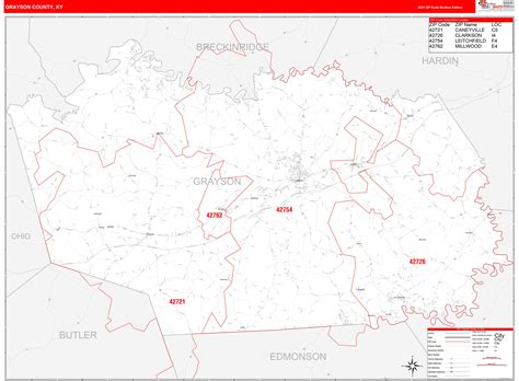 Grayson County, KY Zip Code Wall Map Red Line Style by MarketMAPS - MapSales