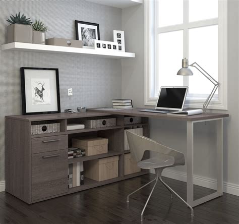 59" x 59" Bark Gray L-shaped Desk with Storage by Bestar - OfficeDesk.com