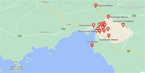 Map of Kisumu County showing beaches (Dunga and Usoma) and the fish ...