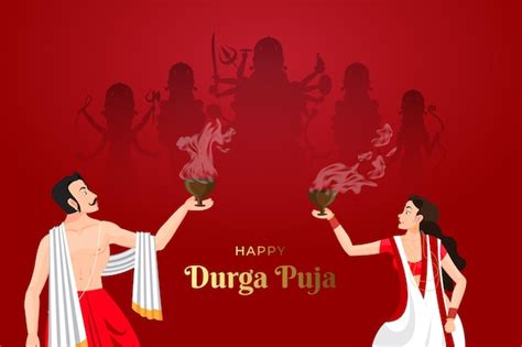 Premium Vector | Couple performing dhunuchi dance in durga puja with maa durga in background