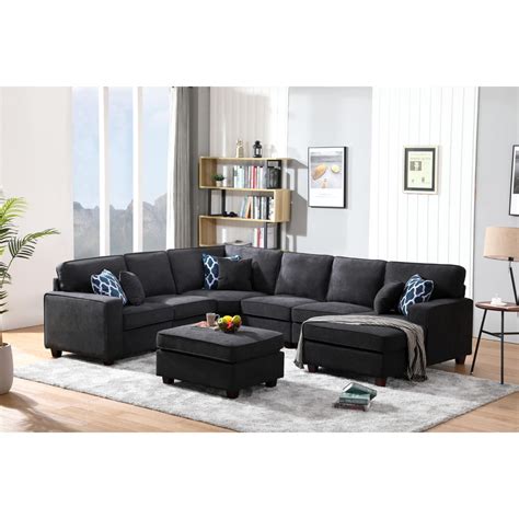 7 Piece Iron Gray Jocelyn Woven Modular L-Shape Sectional Sofa Chaise with Ottoman, 10.25 ...