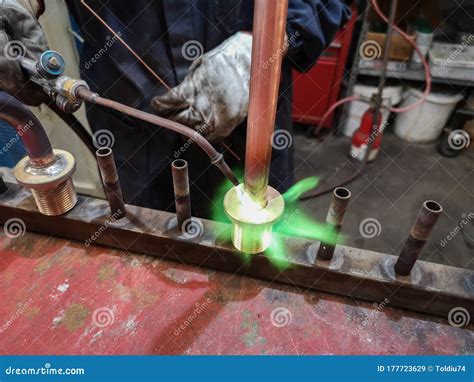 Soldering of Brass Fittings on Copper Pipe Stock Image - Image of pipe, closeup: 177723629