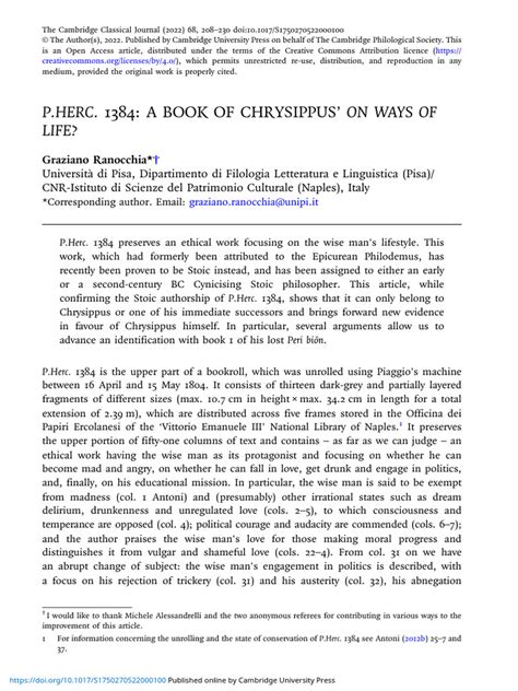 Pherc 1384 A Book of Chrysippus On Ways of Life | PDF | Stoicism | Hellenistic Philosophy