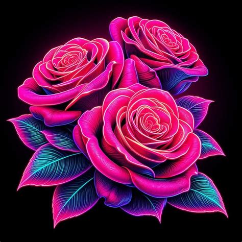 Premium PSD | Hyper realistic vector art trendy festive pink bouquet neon colored roses flowers ...