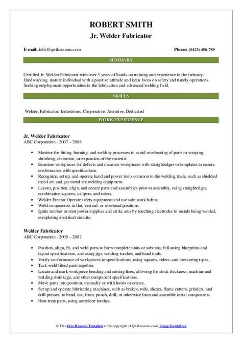 Welder Fabricator Resume Samples | QwikResume