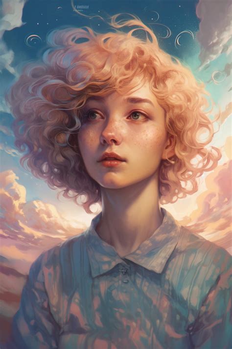 Introducing a stunning digital art of a curly haired girl, with her eyes fixed in thought ...