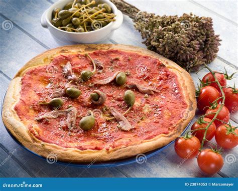 Pizza with anchovies stock image. Image of mozzarella - 23874053