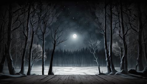 Dark abstract winter forest background. Wooden floor, snow, fog. Dark night background in the ...