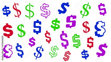 Money symbols in different colors and fonts on transparent background. Design about finance and ...