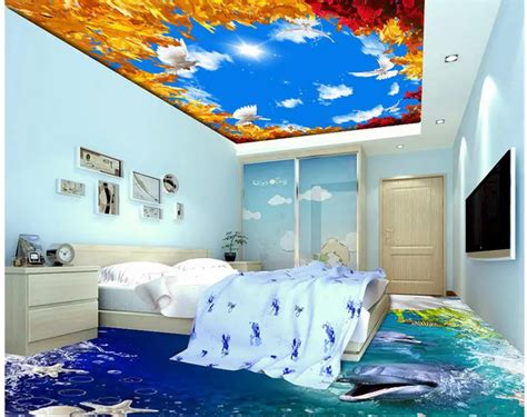 3d ceiling murals wallpaper sky ceiling wallpaper Golden leaf blue sky white clouds pigeon ...