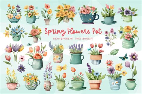 Watercolor Spring Flowers Pots Clipart Graphic by babyTurtle · Creative Fabrica