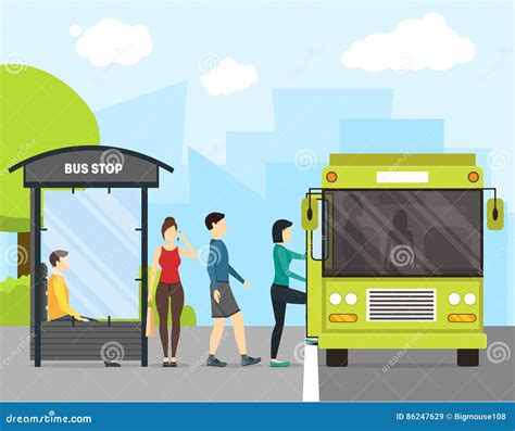 Cartoon Bus Stop With Transport And People. Vector | CartoonDealer.com ...