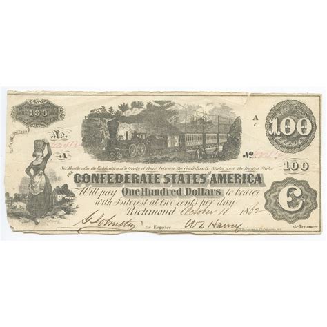 1862 $100 One Hundred Dollars Confederate States of America Richmond CSA Bank Note Bill ...