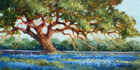 Oil painting--old oak in the Texas bluebonnets--8 x 16 board-- OLD OAK ...