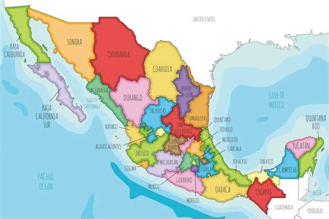 Vector illustrated map of Mexico with regions or states and administrative divisions, and ...