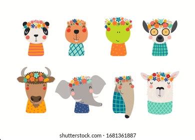 Set Cute Funny Animals Flower Crowns Stock Vector (Royalty Free ...