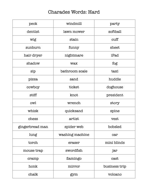 7 Best Images of Printable Funny Charades Words - Charades Game Word List, Hard Charades Word ...
