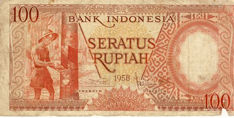 Uang kertas kuno Indonesia pecahan Rp. 100,- (seratus rupiah) keluaran tahun 1958