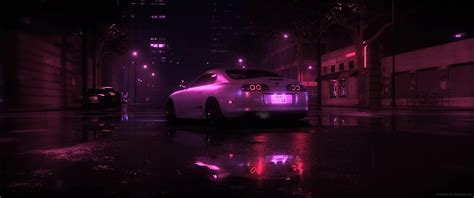 Toyota Supra Purple Neon Rainy Street Night Live Wallpaper - MoeWalls