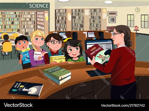 Kids checking out books in the library Royalty Free Vector