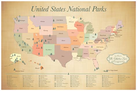 Push Pin US National Parks Map, US Parks Map with pins, list of 59 US National Parks