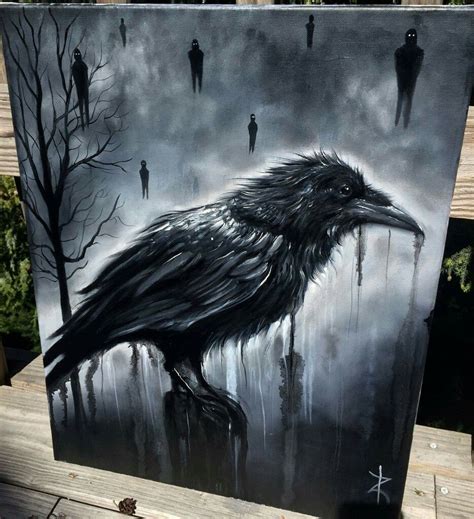 a painting of a black crow sitting on top of a wooden table next to trees