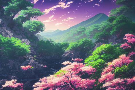 Download Cherry Blossoms Anime Scenery Mountain Wallpaper | Wallpapers.com