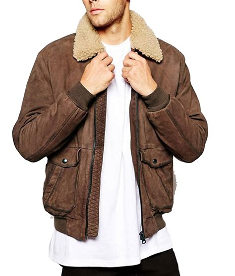 Men's Bomber Brown Leather Jacket with Sherpa Fur Collar - Jackets Creator