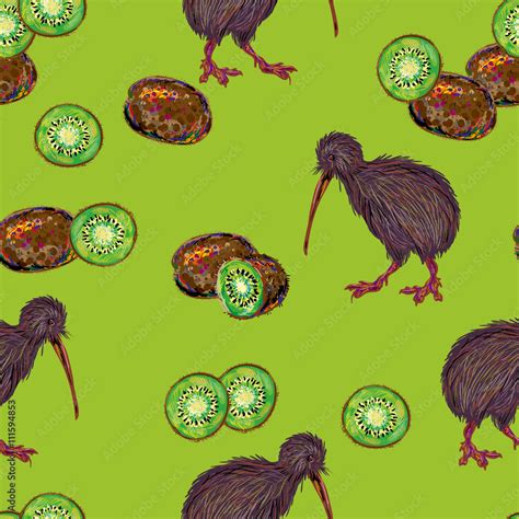 Seamless pattern with flightless New Zealand kiwi bird and kiwi fruit ...