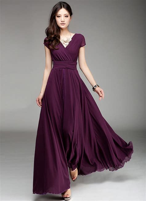 Cap Sleeve Purple Maxi Dress with V Neck & Ruched Waist Yoke RM157