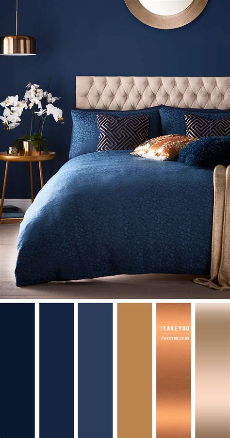 Navy Blue Bedroom with Copper, Gold and Tan accent Colours