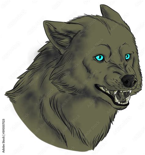 Digital illustration of an angry wolf head with blue eyes Stock Illustration | Adobe Stock