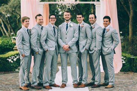 Groomsmen in light grey suits with navy ties. Navy, blush and light grey wedding. | Light gray ...