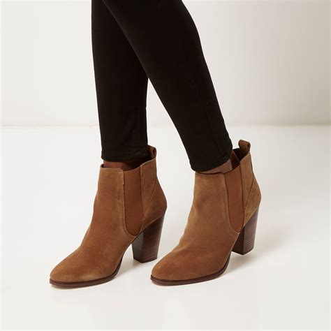 River Island Tan Suede Heeled Ankle Boots in Brown - Lyst