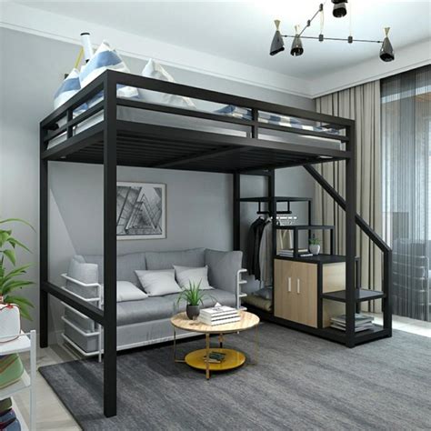 Space saving metal loft bed bunk mini loft small space smart solution modern interior furniture ...