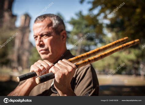 Escrima Kapap Instructor Demonstrates Sticks Fighting Techniques Public Park Filipino Stock ...