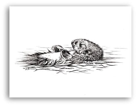 Otter Drawing Pen and Ink Floating Sleeping Otter Original | Etsy