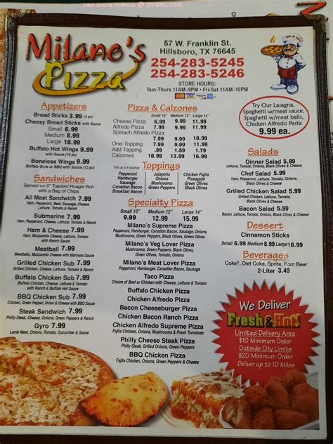 Menu at Milano's Pizza Hillsboro pizzeria, Hillsboro