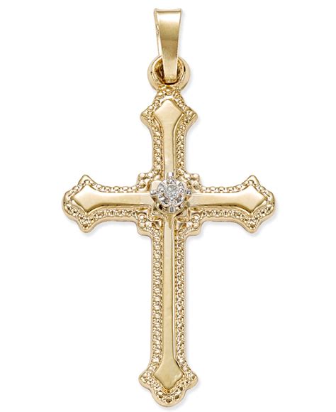 Macy's Diamond Accent Beaded-edge Cross Pendant In 14k Gold in Metallic ...