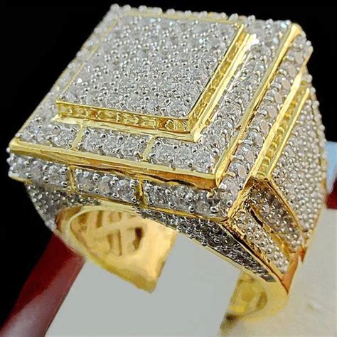 New Plated 24k Gold Full Rhinestones Men's Finger Signet Ring Hip Hop ...