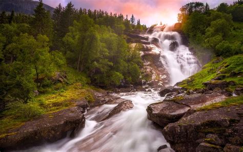 Norway, waterfall, river, trees, sunset wallpaper | nature and landscape | Wallpaper Better