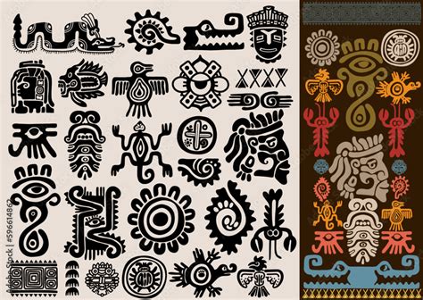 Mexican gods symbols. Set of aztec animal bird totem idols, ancient ...